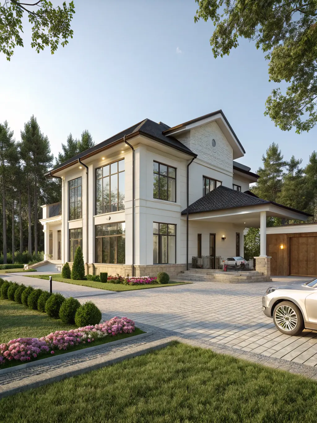 A residential house with a clean driveway and siding after power washing, showcasing the effectiveness of the service.