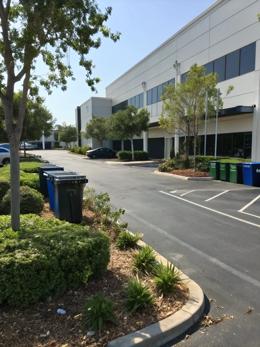A commercial building with a spotless facade and a clean parking lot, demonstrating the impact of commercial power washing.